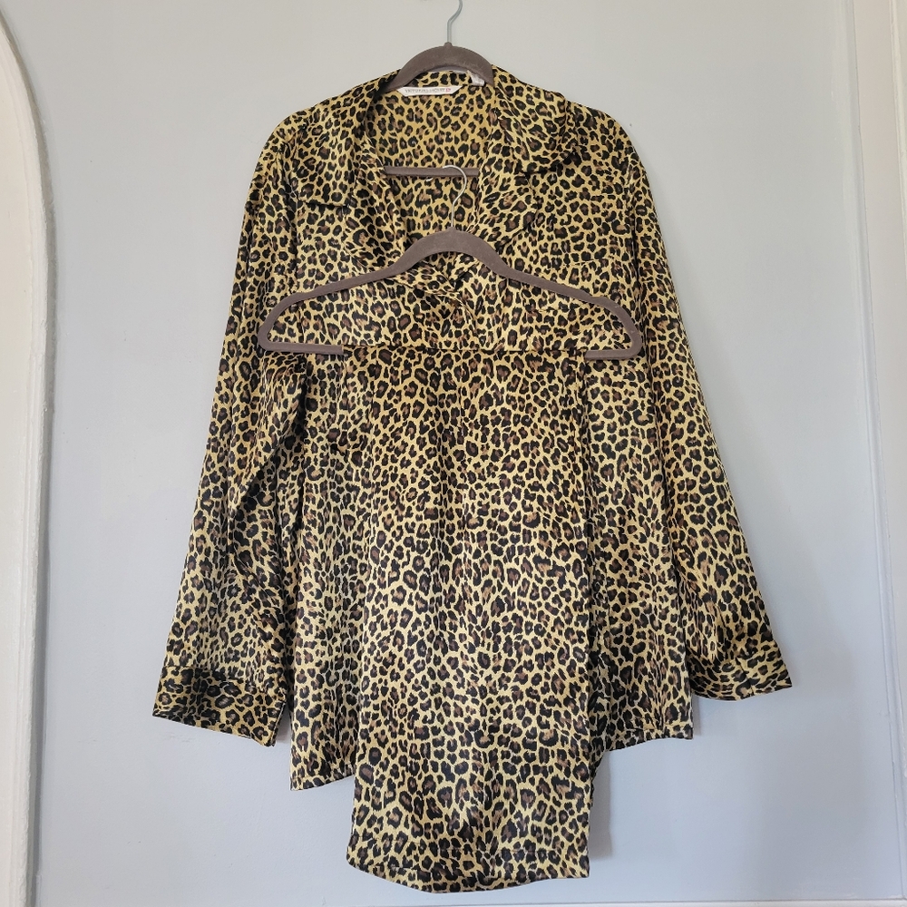 Vintage 1990s Victoria's Secret satin cheetah 2 piece button up top and pants XL